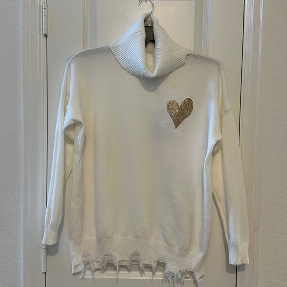Venti6 White Turtleneck Sweater With Gold Heart Detail One Size Viscose/Elastane - Picture 1 of 9